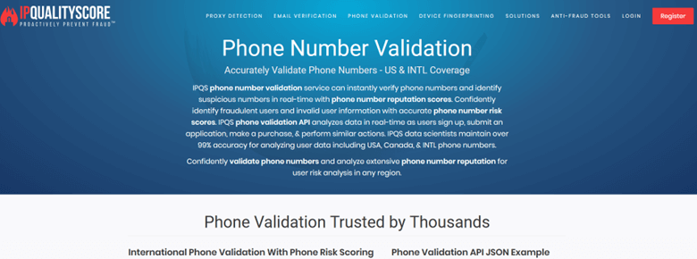 IPqualityscore phone number validation tool